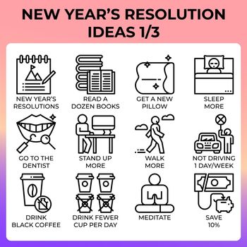 New year's resolution ideas icon set in modern style for ui, ux, web, app, brochure, flyer and presentation design, etc.