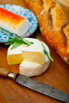 French cheese and fresh  baguette on a wood cutter