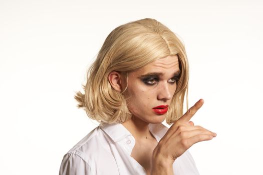 man in womens wig crossdresser makeup lgbt community. High quality photo