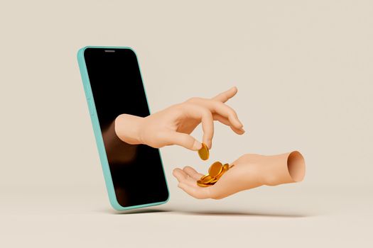 hand coming out of the screen of a cell phone and giving coins to another hand. p2p payment concept and online payment. 3d rendering
