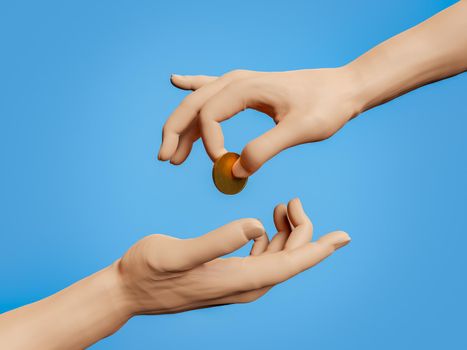 Hand giving a gold coin to another hand. concept of donation and cash payment. 3D representation
