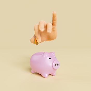 front view of a hand depositing a gold coin in a piggy bank. savings concept. 3d rendering