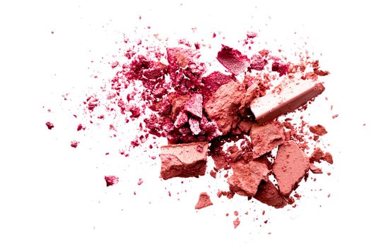 Powder cosmetics, mineral organic eyeshadow, blush or crushed cosmetic product isolated on white background, makeup and beauty banner, flatlay design.