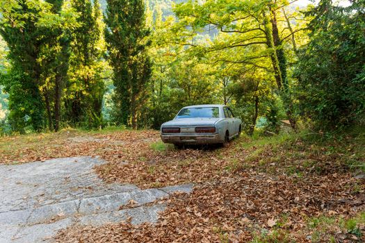 Pelion, Greece - August 13 2020: Old crashed car in the forest, Greece