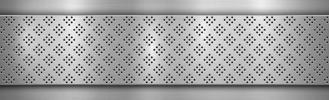 Texture panorama of metal with reflection with perforation