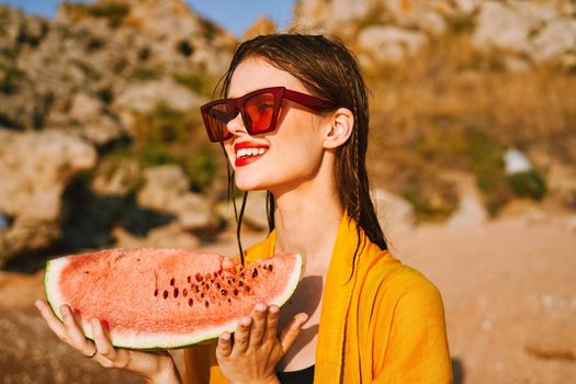 pretty woman with watermelon outdoors summer vacation. High quality photo