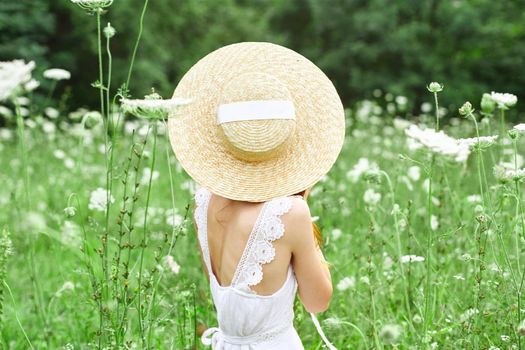 woman in hat nature flowers walk leisure lifestyle. High quality photo
