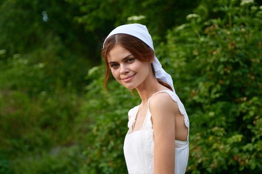 Woman in white dress countryside village nature ecology. High quality photo