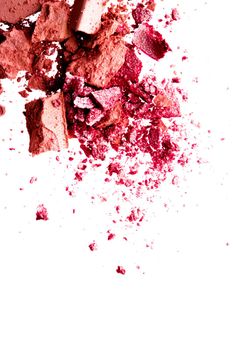 Powder cosmetics, mineral organic eyeshadow, blush or crushed cosmetic product isolated on white background, makeup and beauty banner, flatlay design.