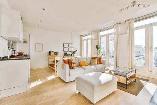 Luxurious living room in daylight with white sofa and ottoman