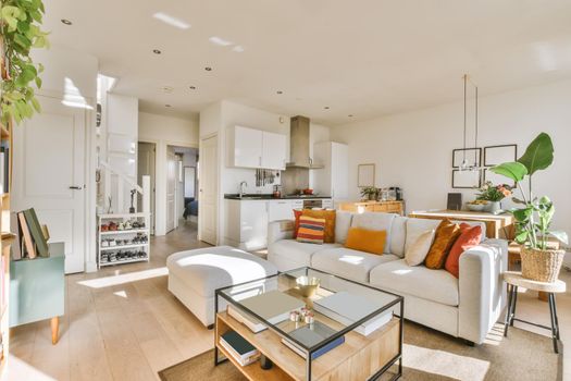Luxurious living room in daylight with white sofa and ottoman