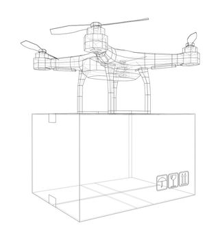 Delivery drone concept outline. 3d illustration. Wire-frame style