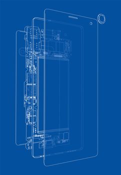 Disassembled smartphone concept outline. 3d illustration. Wire-frame style