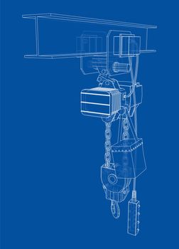 Winch or lifting machine concept outline. 3d illustration. Wire-frame style