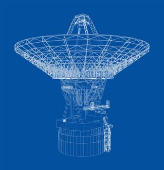 Radio Telescope concept outline. 3d illustration. Wire-frame style