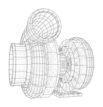 Automobile turbocharger concept outline. 3d illustration. Wire-frame style