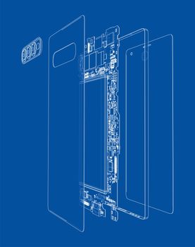 Disassembled smartphone concept outline. 3d illustration. Wire-frame style