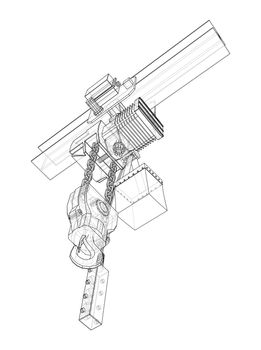 Winch or lifting machine concept outline. 3d illustration. Wire-frame style