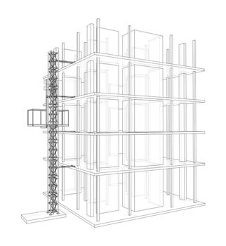 Building under construction with a mast lifts outline. 3d illustration