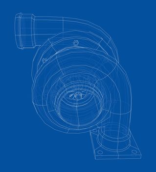 Automobile turbocharger concept outline. 3d illustration. Wire-frame style