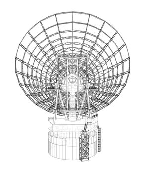 Radio Telescope concept outline. 3d illustration. Wire-frame style