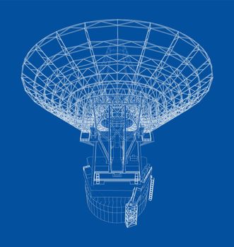 Radio Telescope concept outline. 3d illustration. Wire-frame style