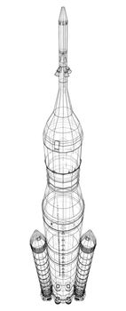 Space rocket concept outline. 3d illustration. Wire-frame style