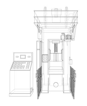 Hydraulic Press. 3d illustration. Wire-frame or blueprint style