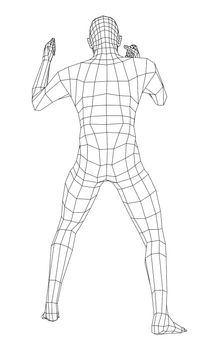 Wireframe boxing man. 3d illustration. Man in boxing pose