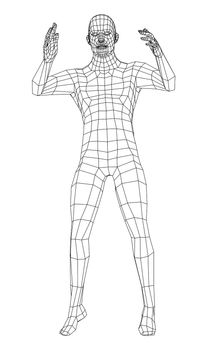 Wireframe jumping man. 3d illustration. Man in jumping pose