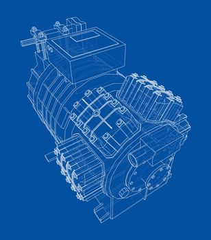 Air conditioning compressor. 3d illustration. Wire-frame style