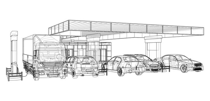 Electric Car Charging Station with Cars and Truck. 3d illustration