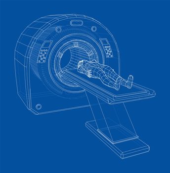 Female Patient Lying on a CT or MRI Scan. Wire-frame style. 3d illustration