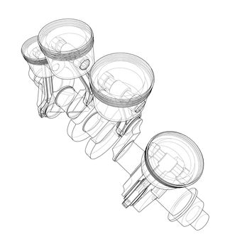 Engine crankshaft with pistons outline. 3d illustration. Wire-frame style