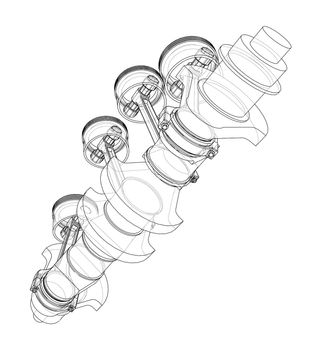 Engine crankshaft with pistons outline. 3d illustration. Wire-frame style