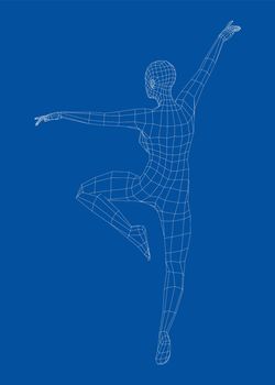 Wireframe ballerina or dancer in dance pose. 3d illustration