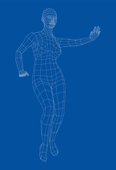 Wireframe ballerina or dancer in dance pose. Female dancing salsa. 3d illustration