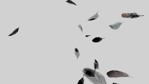 Soft silky feathers isolated on background with copy space for text and advertisement. Feather background with delicate fur and realistic looks. 3D rendering