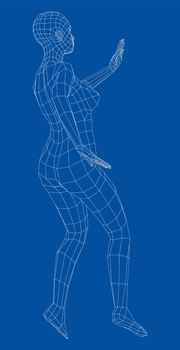 Wireframe ballerina or dancer in dance pose. Female dancing salsa. 3d illustration