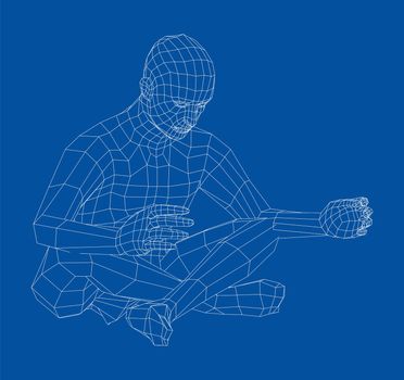 Wireframe 3d man relaxing in lotus position. 3d illustration. Man in lotus pose