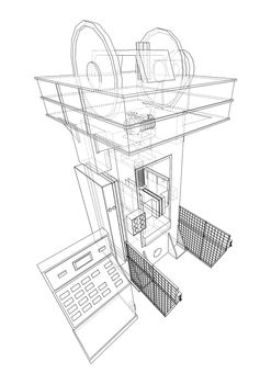 Hydraulic Press. 3d illustration. Wire-frame or blueprint style