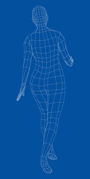 Wireframe walking woman. 3d illustration. Female in walking pose