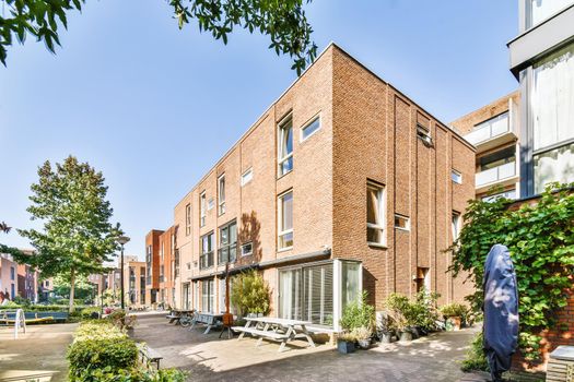 Precarious view of a multi-storey brick building
