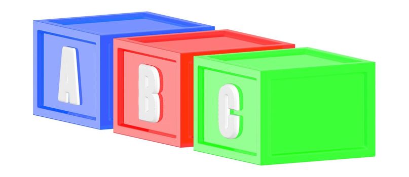 3d blue red green color cubes with a b c in it respectively- 3d rendering