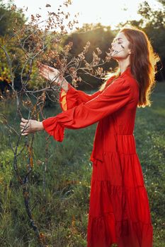 woman in red dress in field near tree posing summer. High quality photo