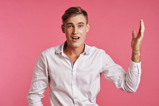 businessmen posing white shirt fashion self confidence pink background. High quality photo