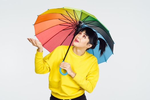 woman with multicolored umbrella fun posing fashion. High quality photo