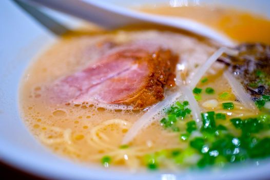 original Japanese beef ramen noodles soup closeup 