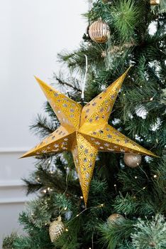Merry Christmas and Happy New Year. Close up of christmas tree decorations, festive background with copy space