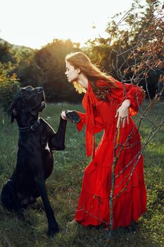 cute woman in red dress playing with dog outdoors friendship. High quality photo